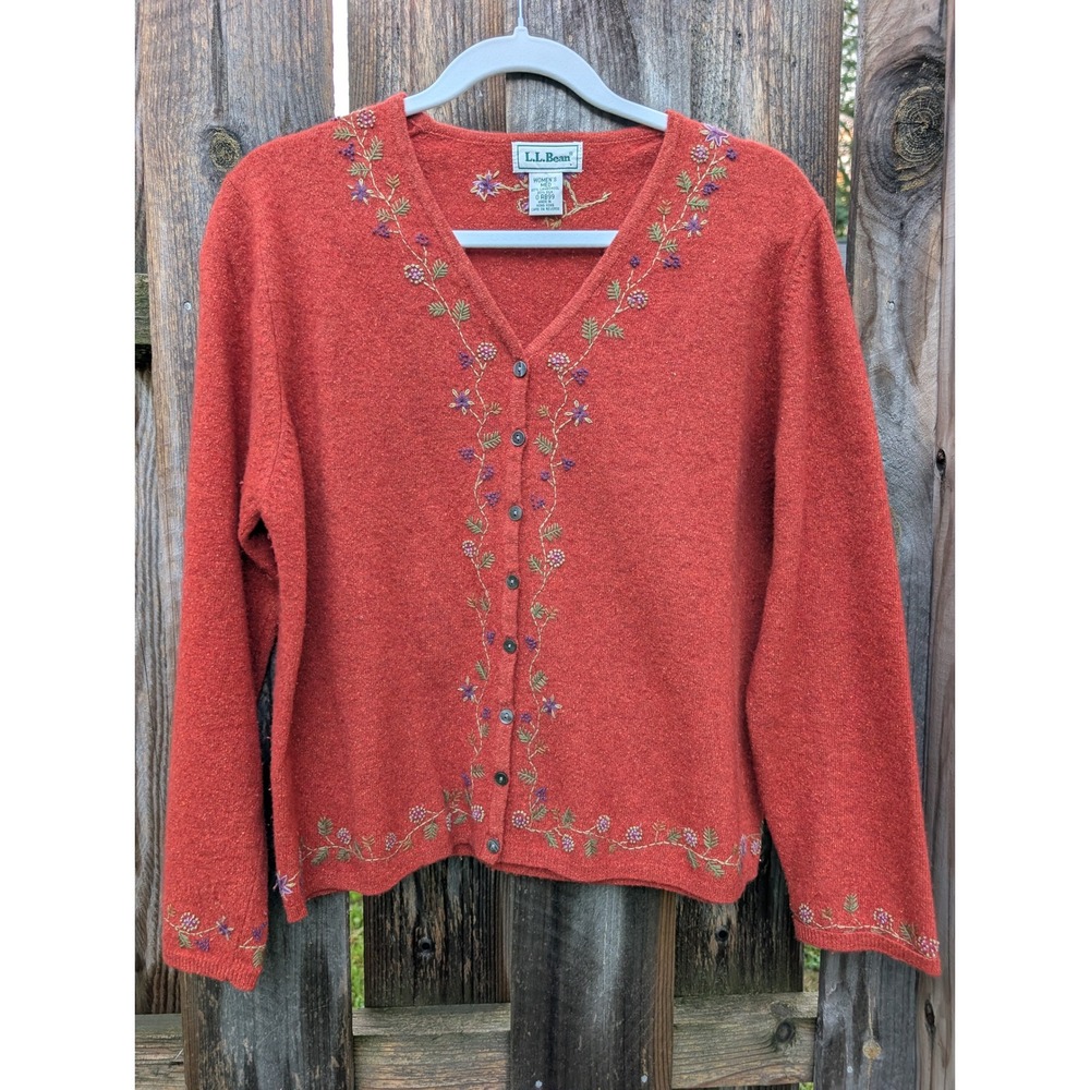 Womens LL Bean Orange Cardigan Medium Excellent Lambswool Silk Floral Embroider